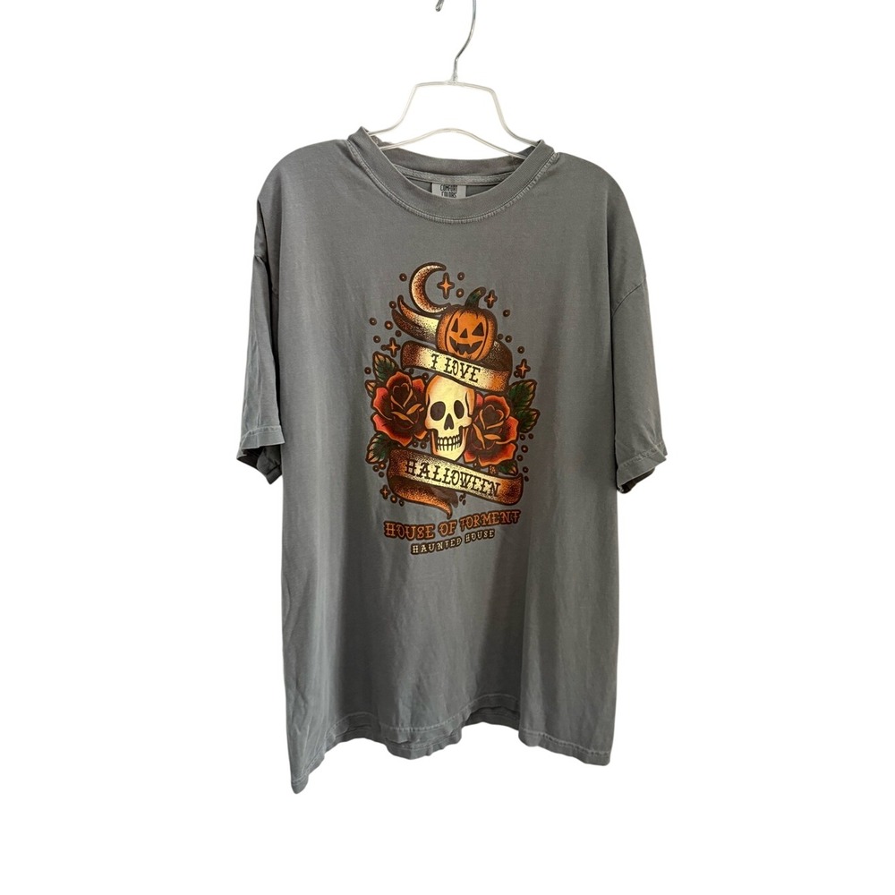Comfort Colors I‎ Love Halloween Skull Pumpkin Graphic Tee Gray XL House Torment